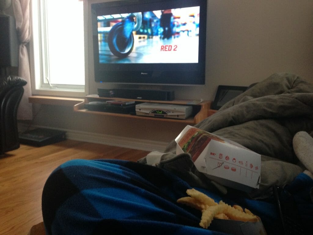 Pictured: Today's lunch, a crappy movie (Red 2), and my adult-sized, ultra-comfortable onesie.